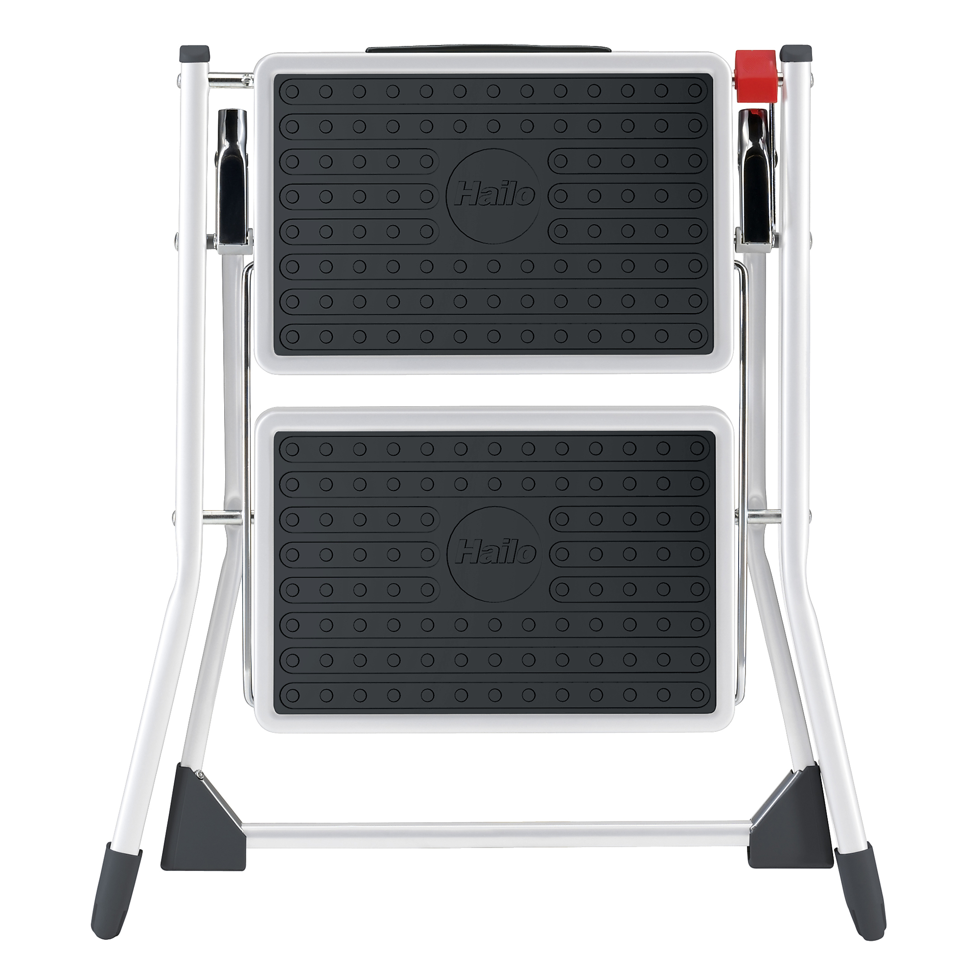 Hailo, 2 step . Steel ,white step stool, Height 17.7 ft, Capacity 330 lb, Material Aluminum, Model# 9204015097